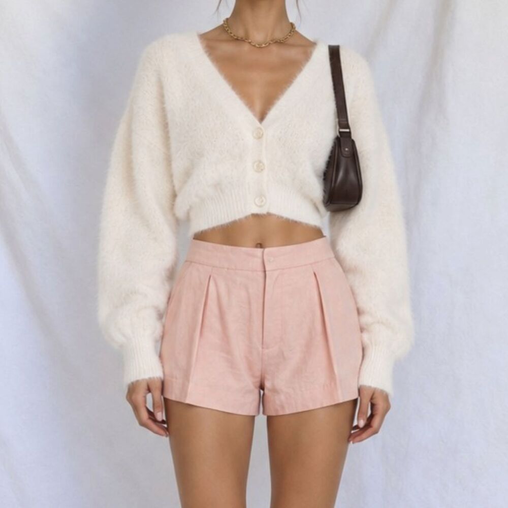 Vintage Pastel Pink Pleated High Waisted Casual Linen Summer Shorts Size 0/XS/S